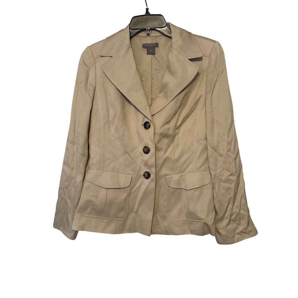 ANN TAYLOR PETITES Beige 100% Silk Blazer Jacket‎ Women Size 6P Lined